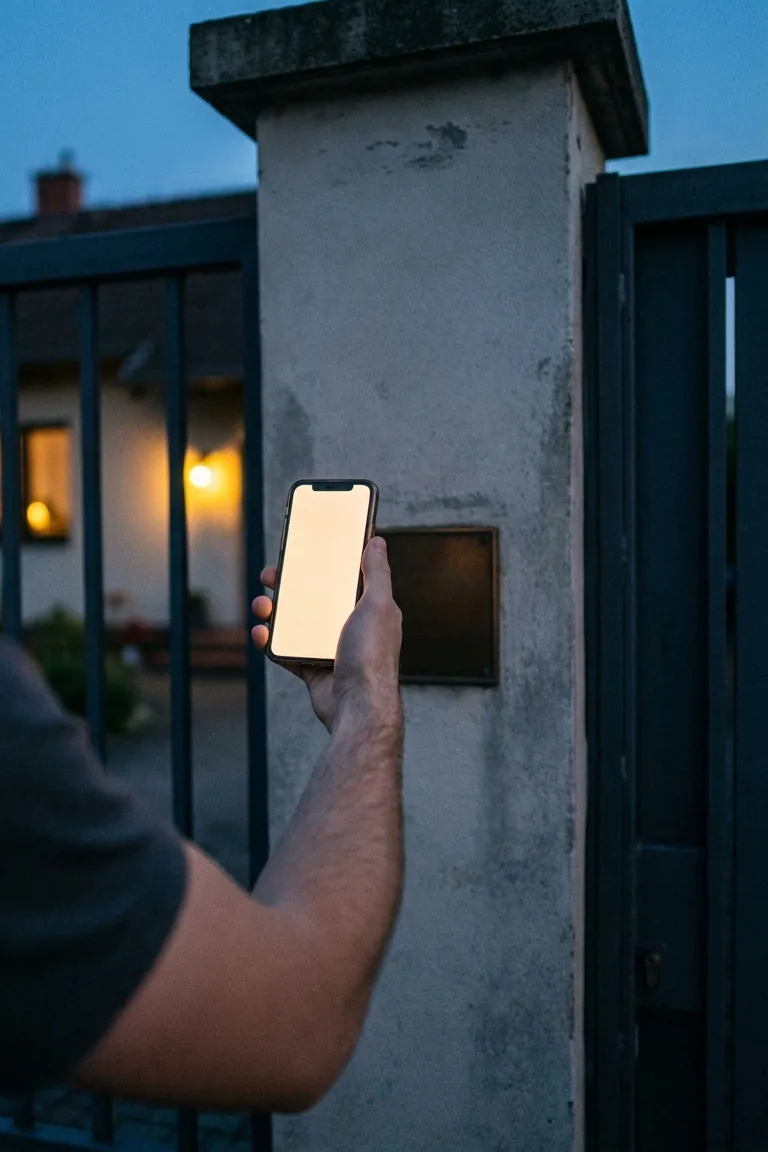 A visitor holding a lit phone up to the QR plate on a gate pillar at dusk.